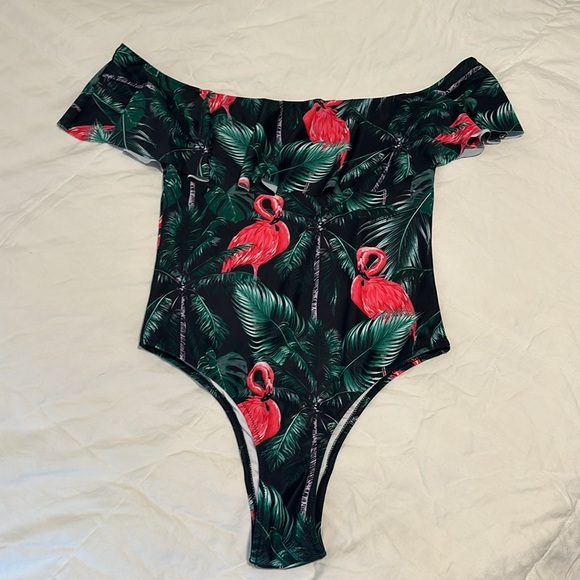 Off the shoulder one piece flamingo swimsuit size large - Picture 2 of 5